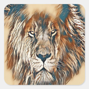 Brown lion face artistic painting square sticker