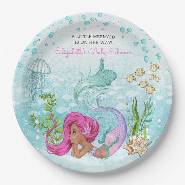 Brown Little Mermaid Baby Shower Paper Plates (Front)