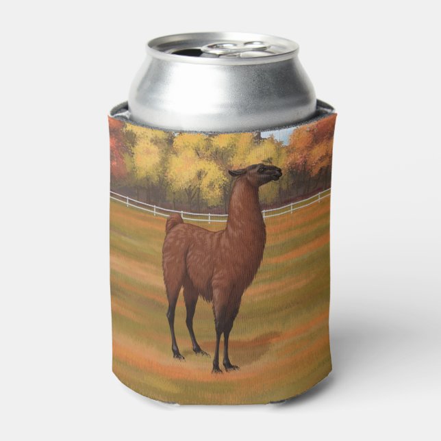 Brown Llama in Autumn Farm Pasture Can Cooler (Can Front)