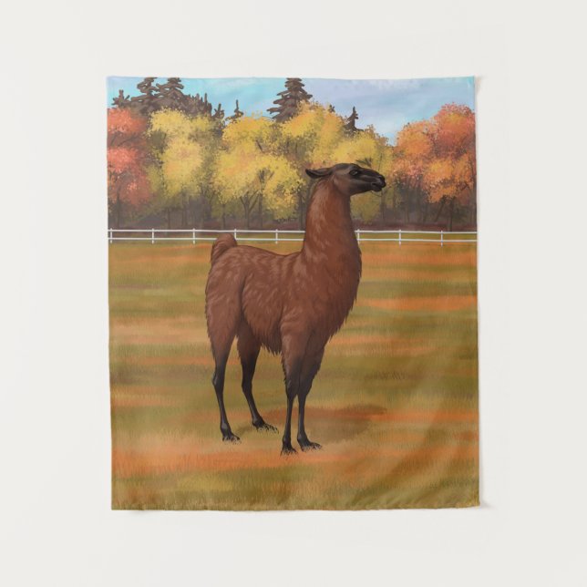 Brown Llama in Autumn Farm Pasture Tapestry (Front)
