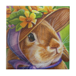 Brown Lop Eared Rabbit in Bonnet Watercolor Art Tile