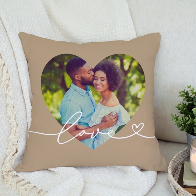 Brown Love Script Heart Photo Couple Cushion (Creator Uploaded)