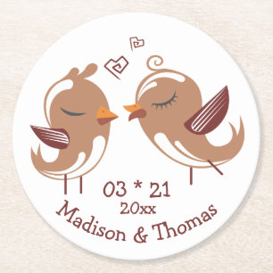 Brown Lovebirds Personalised Wedding Love Round Paper Coaster