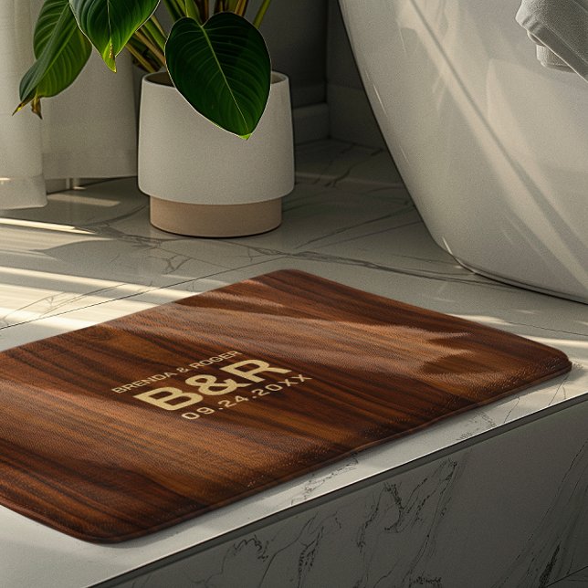 Brown Mahogany Wood Wedding Monogram Bath Mat (Creator Uploaded)