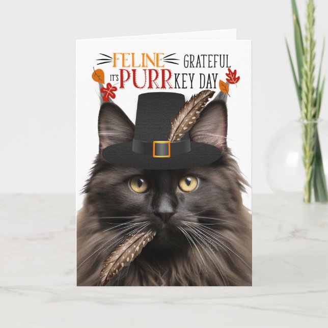 Brown Maine Coon Cat Grateful for PURRkey Day Holiday Card (Front)