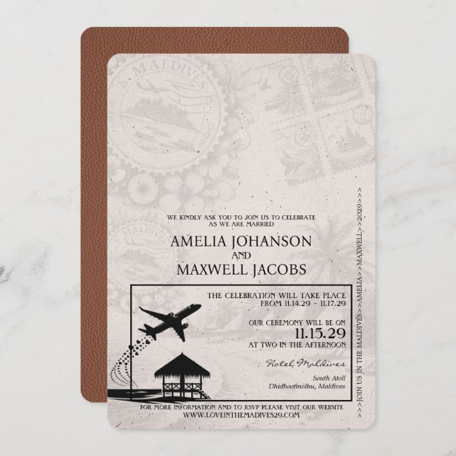 Brown Maldives Passport Wedding Invitation (Front/Back)
