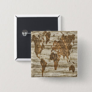 Brown map of the world print 15 cm square badge