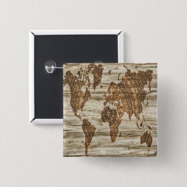 Brown map of the world print 15 cm square badge (Front & Back)