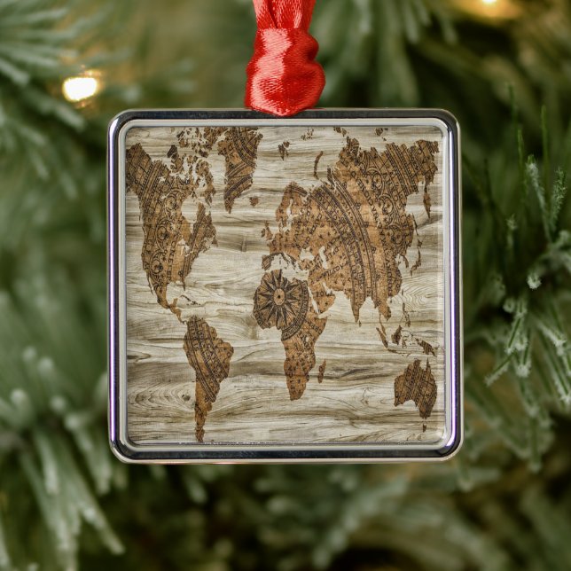 Brown map of the world print metal tree decoration (Tree)