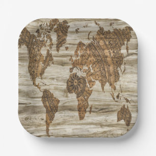 Brown map of the world print paper plate