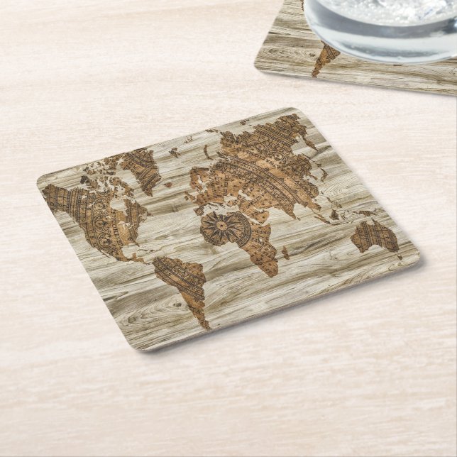 Brown map of the world print square paper coaster (Angled)