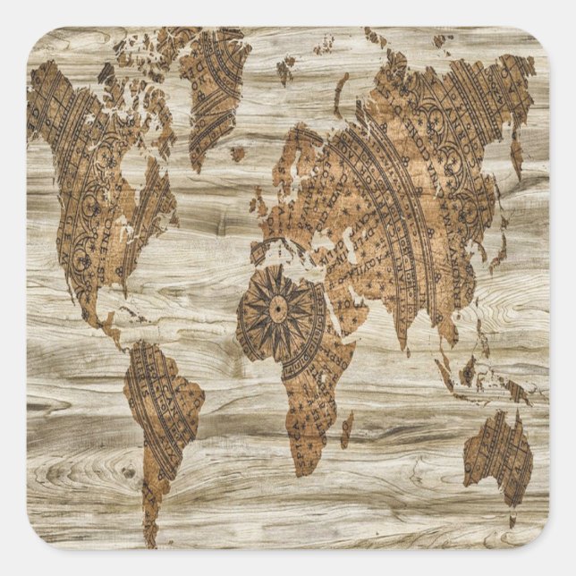 Brown map of the world print square sticker (Front)