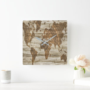 Brown map of the world print square wall clock