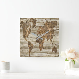 Brown map of the world print square wall clock