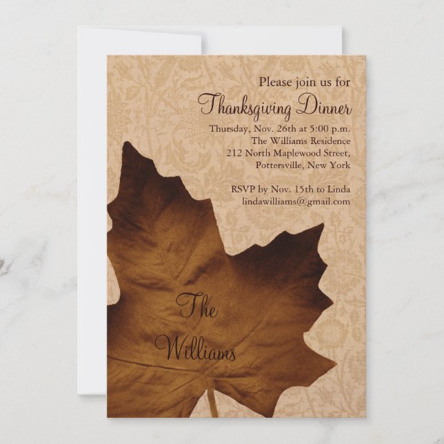 Brown Maple Leaf Thanksgiving Dinner Invitation (Front)
