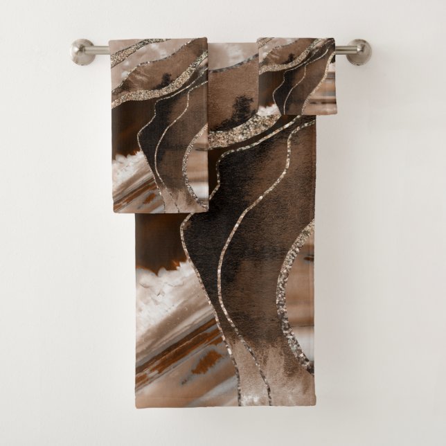Brown Marble Agate Gold Glitter Glam #1  Bath Towel Set (Insitu)