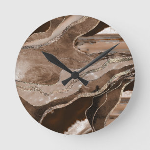 Brown Marble Agate Gold Glitter Glam #1  Round Clock