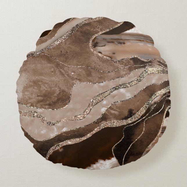 Brown Marble Agate Gold Glitter Glam #1 Round Cushion (Front)