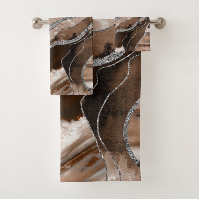 Brown Marble Agate Silver Glitter Glam #1  Bath Towel Set (Insitu)