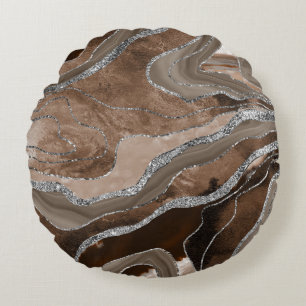 Brown Marble Agate Silver Glitter Glam #2 Round Cushion