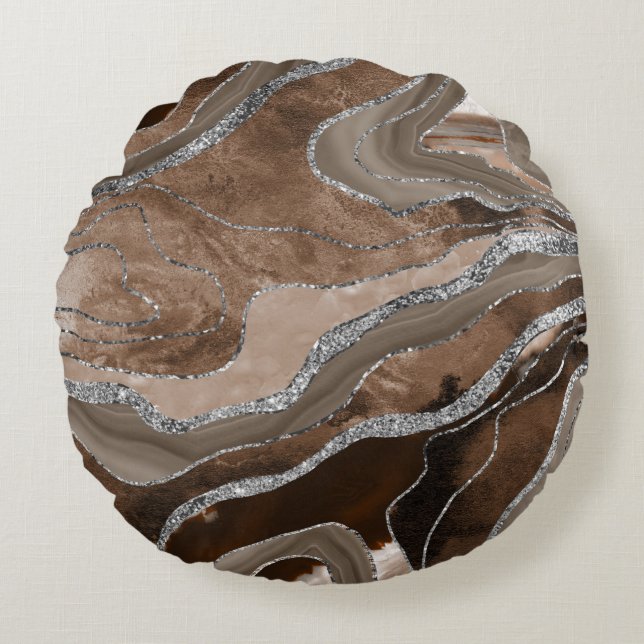 Brown Marble Agate Silver Glitter Glam #2   Round Cushion (Front)