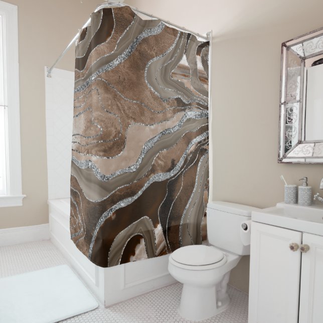 Brown Marble Agate Silver Glitter Glam #2   Shower Curtain (In Situ)