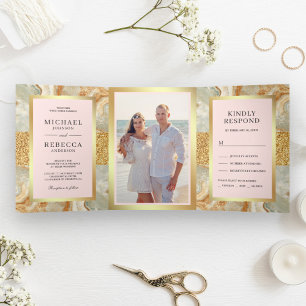Brown Marble Gold Glitter Blush Pink Wedding Tri-Fold Invitation