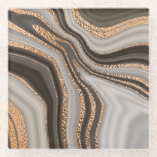 Brown Marble Gold Vintage Design Glass Coaster (Front)