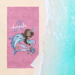 Brown Mermaid Custom Name Girl Pink Beach Towel