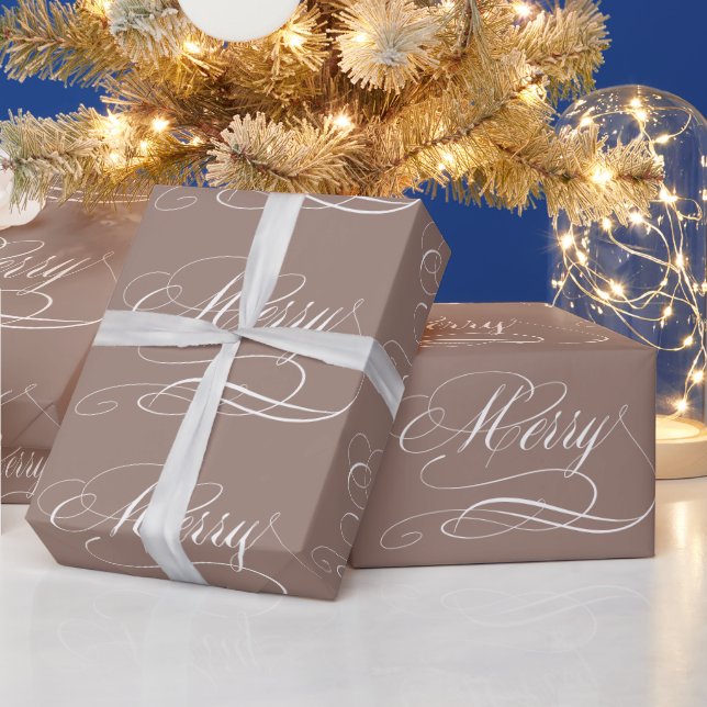 Brown Merry Calligraphy Colour 9C7F74 Wrapping Paper (Holidays)