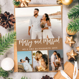 Brown Merry & Married 4 Photo Collage Christmas Holiday Card