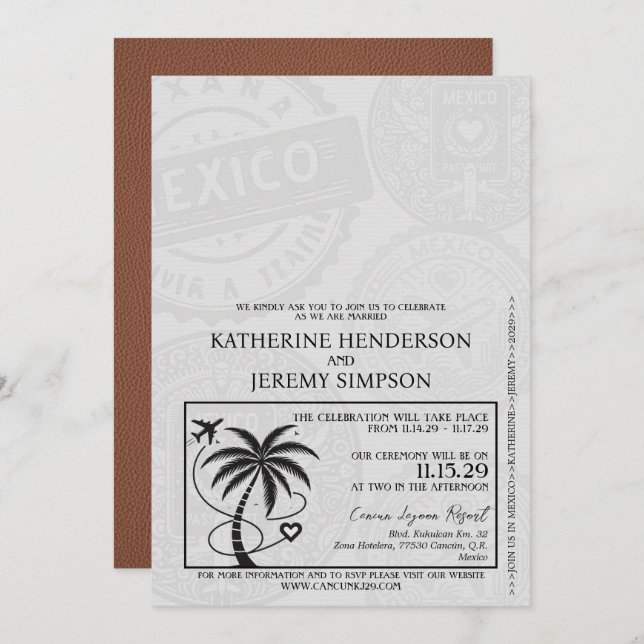 Brown Mexico Passport Wedding Invitation (Front/Back)