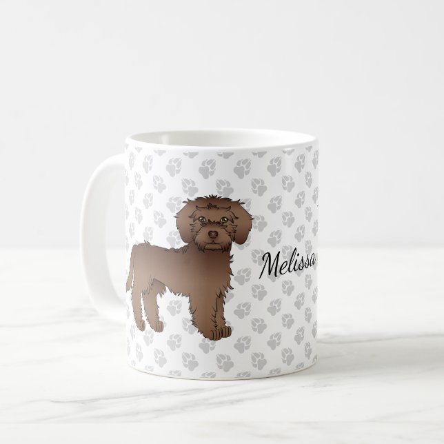 Brown Mini Goldendoodle Cartoon Dog & Name Coffee Mug (Front Left)