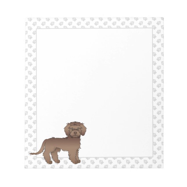 Brown Mini Goldendoodle Cartoon Dog & Paws Notepad (Front)