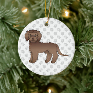 Brown Mini Goldendoodle Cartoon Dog & Text Ceramic Tree Decoration