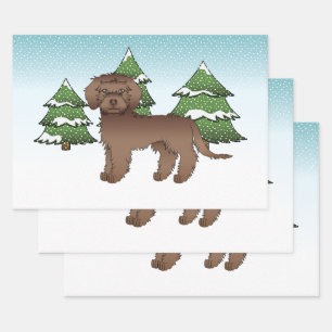 Brown Mini Goldendoodle Dog In A Winter Forest Wrapping Paper Sheet