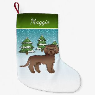 Brown Mini Goldendoodle - Winter Forest & Name Small Christmas Stocking