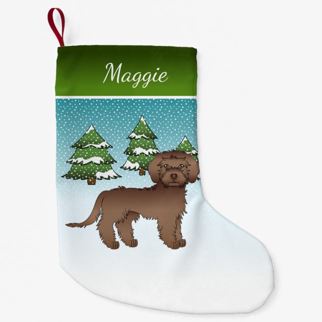 Brown Mini Goldendoodle - Winter Forest & Name Small Christmas Stocking (Front)