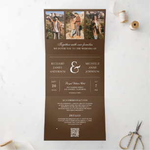 Brown Minimal Photo Collage QR Code Wedding Tri-Fold Invitation