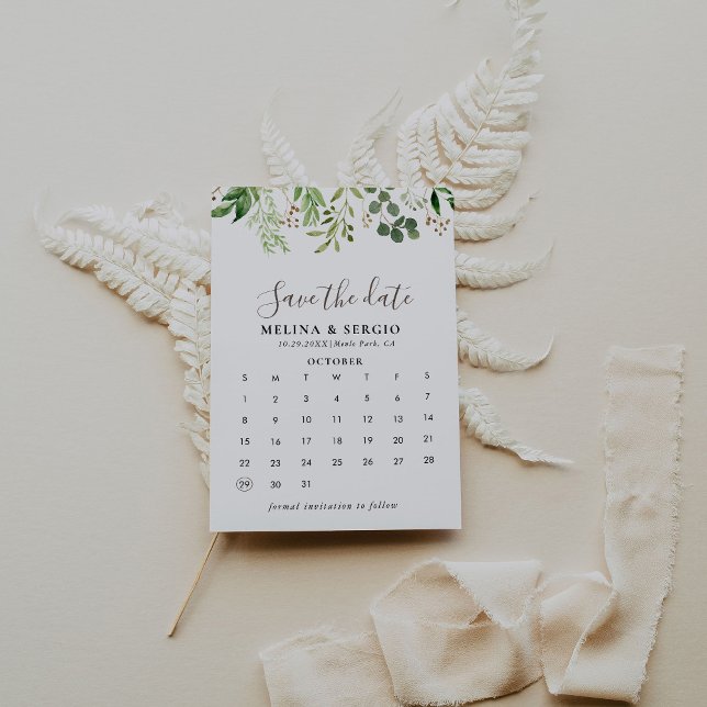Brown Minimalist Green Leaf Save the Date Calendar (Creator Uploaded)