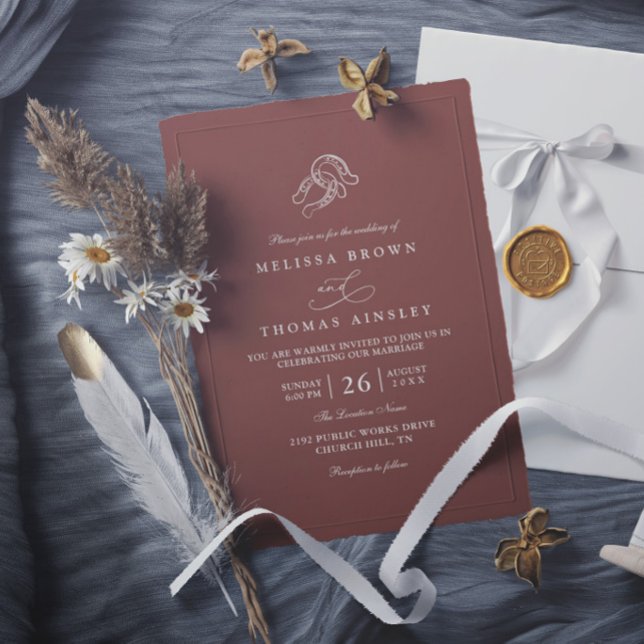 Brown Minimalist Horseshoe Rustic Elegant Wedding Invitation (Creator Uploaded)