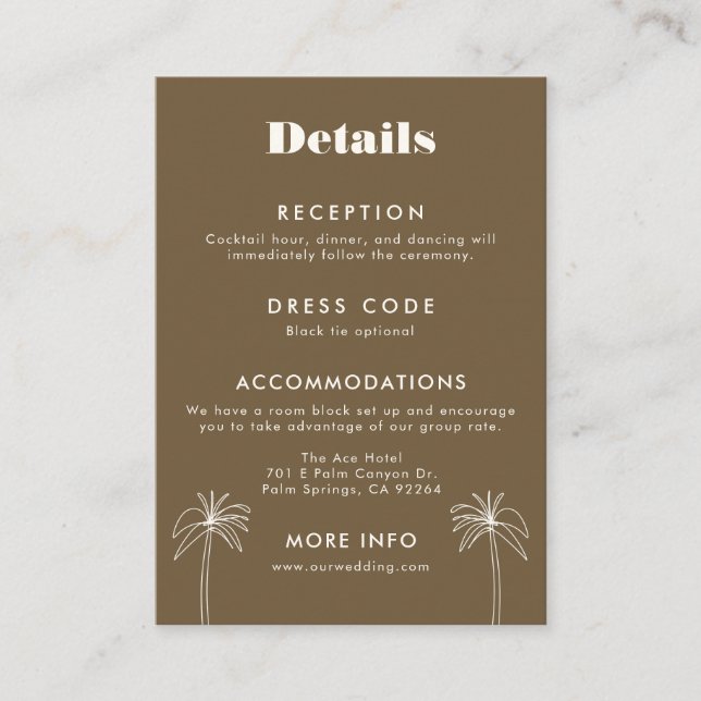 Brown Minimalist Tropics Wedding Enclosure Card (Front)