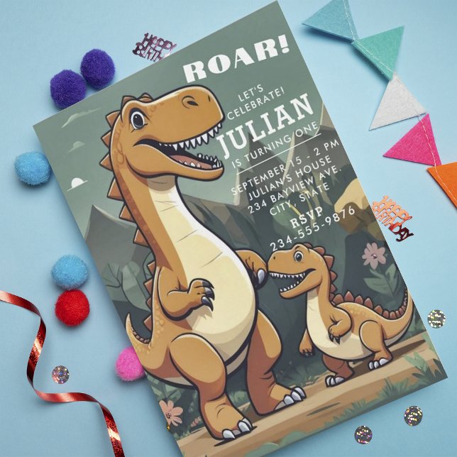 Brown Mint Green Dinosaur Boy 1st Birthday  Invitation (Creator Uploaded)