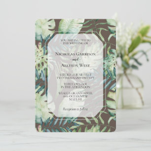 Brown Mint Tropical Green Leaves Wedding Invitation