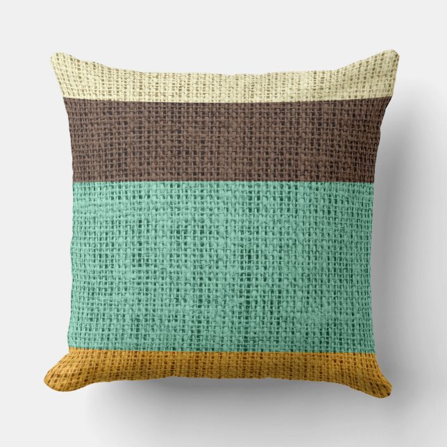 Brown Mint Yellow Stripes Burlap Linen Rustic Jute Cushion (Front)