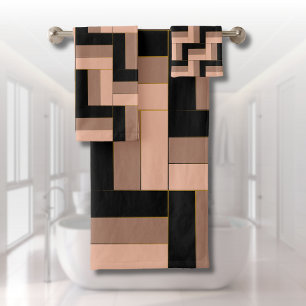 Brown Mocha Black Geometric Rectangles Bath Towel Set