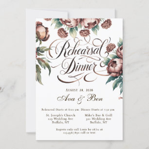 Brown Mocha Peony Calligraphy Rehearsal Dinner Invitation