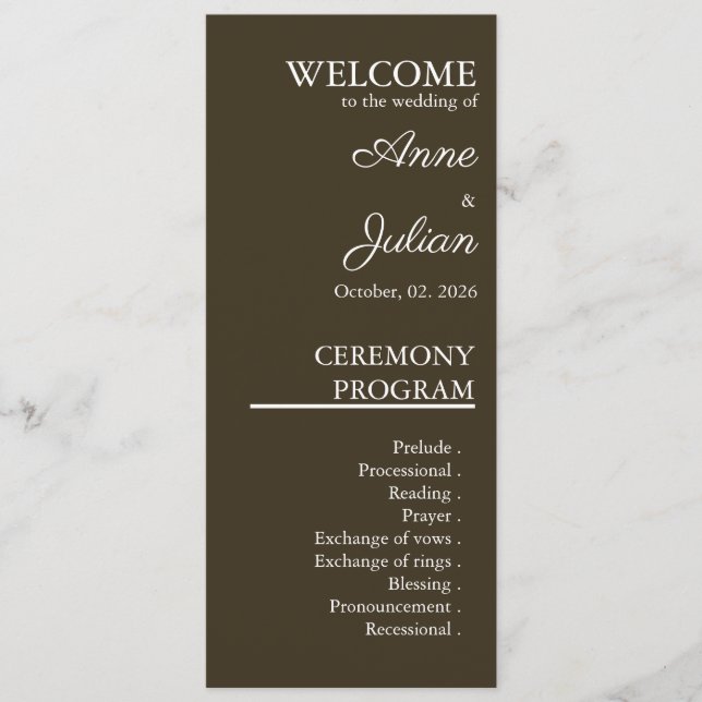 Brown Modern Minimalist Bridal Program QR Code Programme (Front)