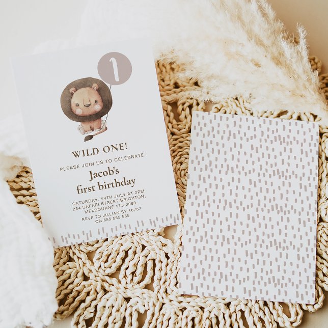 Brown Modern Safari Lion Wild One 1st Birthday Invitation (Modern minimalist wild one safari lion and balloon 1st birthday invitation in natural tones.)