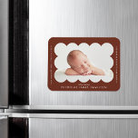 Brown Modern Scalloped Frame Birth Announcement Magnet<br><div class="desc">Modern birth announcement magnet featuring your baby's photo nestled inside of a brown scalloped frame. Personalise the brown birth announcement magnet by adding your baby's name and additional information in white lettering.</div>